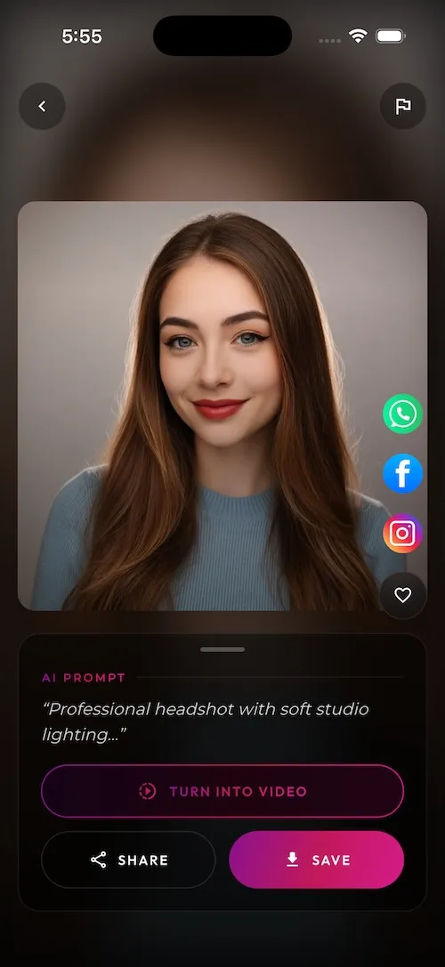 SelfAI AI photo editor app sharing and download options for headshots